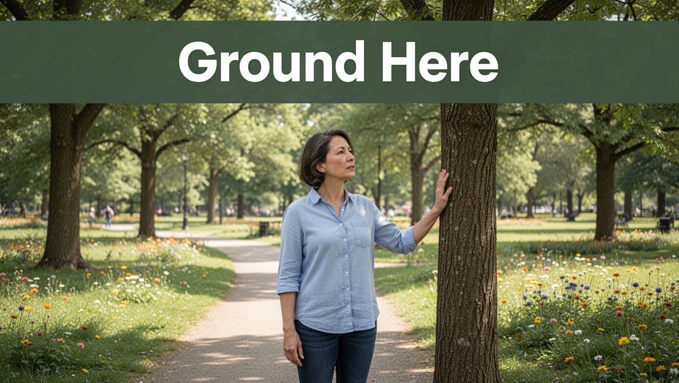 An adult stands alert on a bright park path surrounded by trees, grass, and flowers, lightly touching a tree trunk while scanning the environment in a grounded pose. A top dark-green band features 'Ground Here' in bold white sans-serif text, illustrating the sensory grounding technique for anxiety relief.