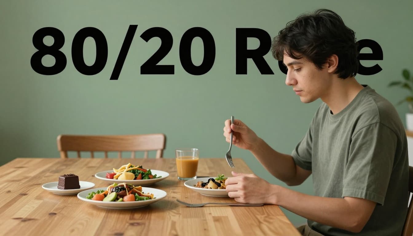 A person calmly enjoys a balanced meal with a chocolate treat on the side at a cozy dining table under warm lighting, illustrating flexible eating habits. Bold '80/20 Rule' text appears in a muted dark-green band at the top in geometric sans-serif font.