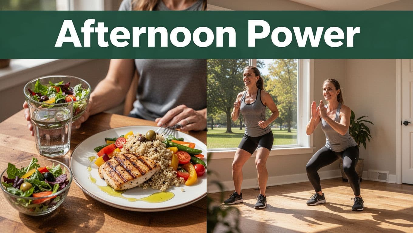 One adult savoring a balanced lunch plate with grilled chicken, quinoa, colorful veggies, olive oil drizzle, fresh salad, and water, then transitioning to a brisk outdoor walk in a sunny park or bodyweight squats indoors in vibrant afternoon daylight.