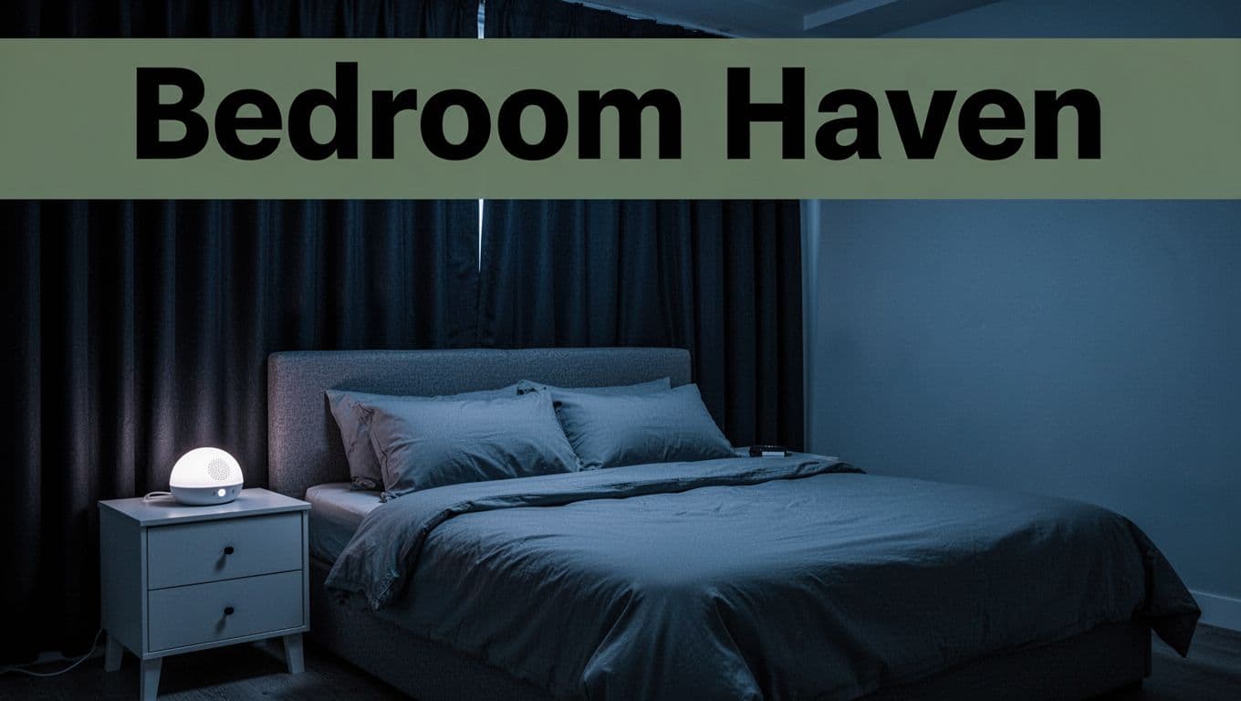 Editorial image featuring 'Bedroom Haven' headline on a dark-green band atop a serene nighttime bedroom with blackout curtains, cool blue tones, neatly made bed, white noise machine, and dim lighting for an ideal sleep environment.