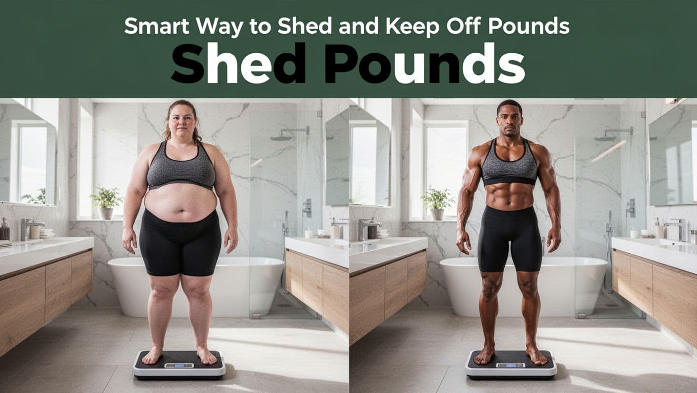 Side-by-side realistic photo comparison of the same adult on a bathroom scale: left showing softer midsection before, right lean toned physique after weight loss, with bold 'Shed Pounds' green header band.