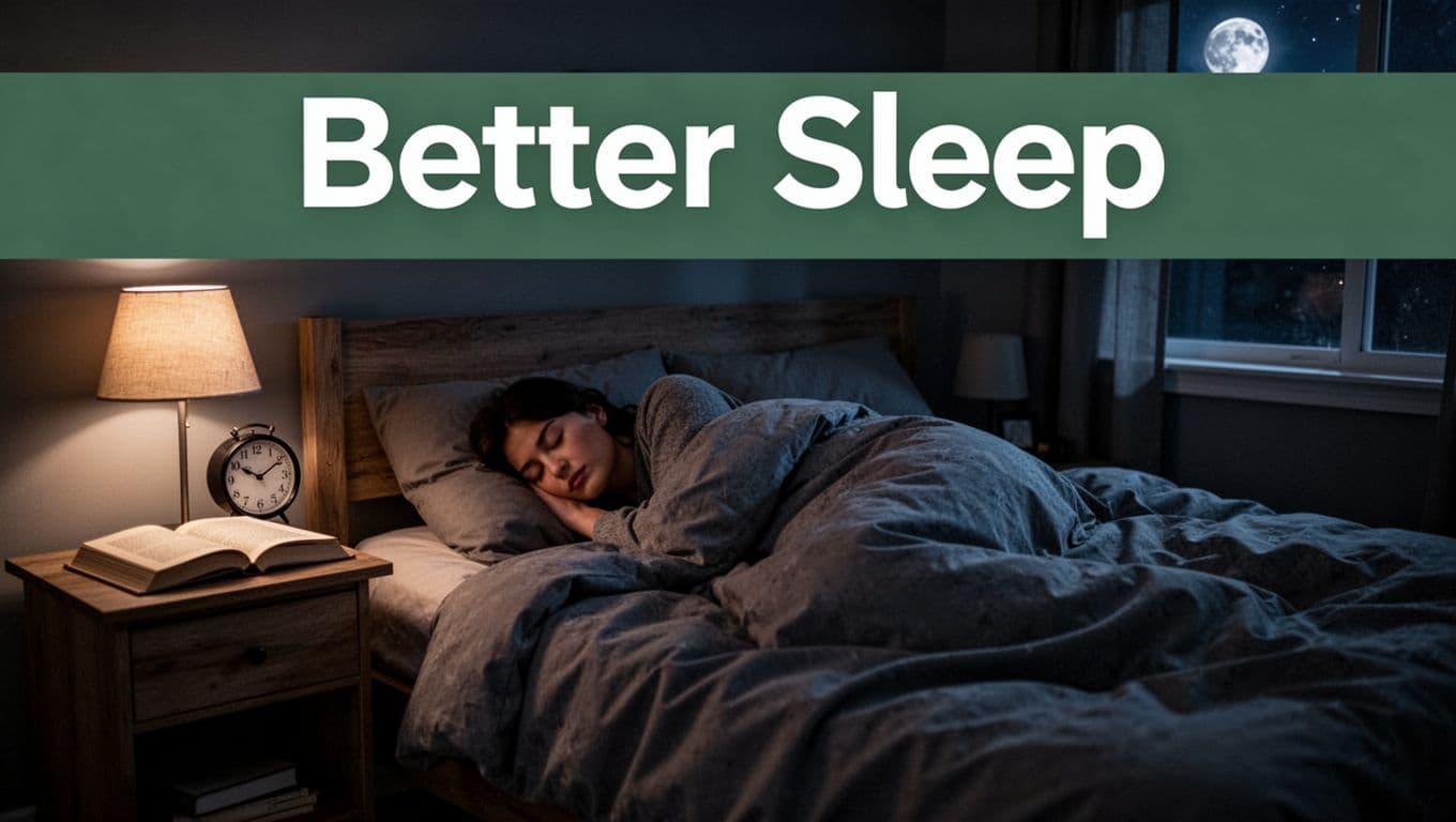 Cozy bedroom scene at night with a person asleep under covers in a dark, cool room, featuring bedtime elements like a book on the nightstand and dim lamp, under soft moonlight for a peaceful atmosphere. Bold 'Better Sleep' headline in Title Case on a muted dark-green band at the top.