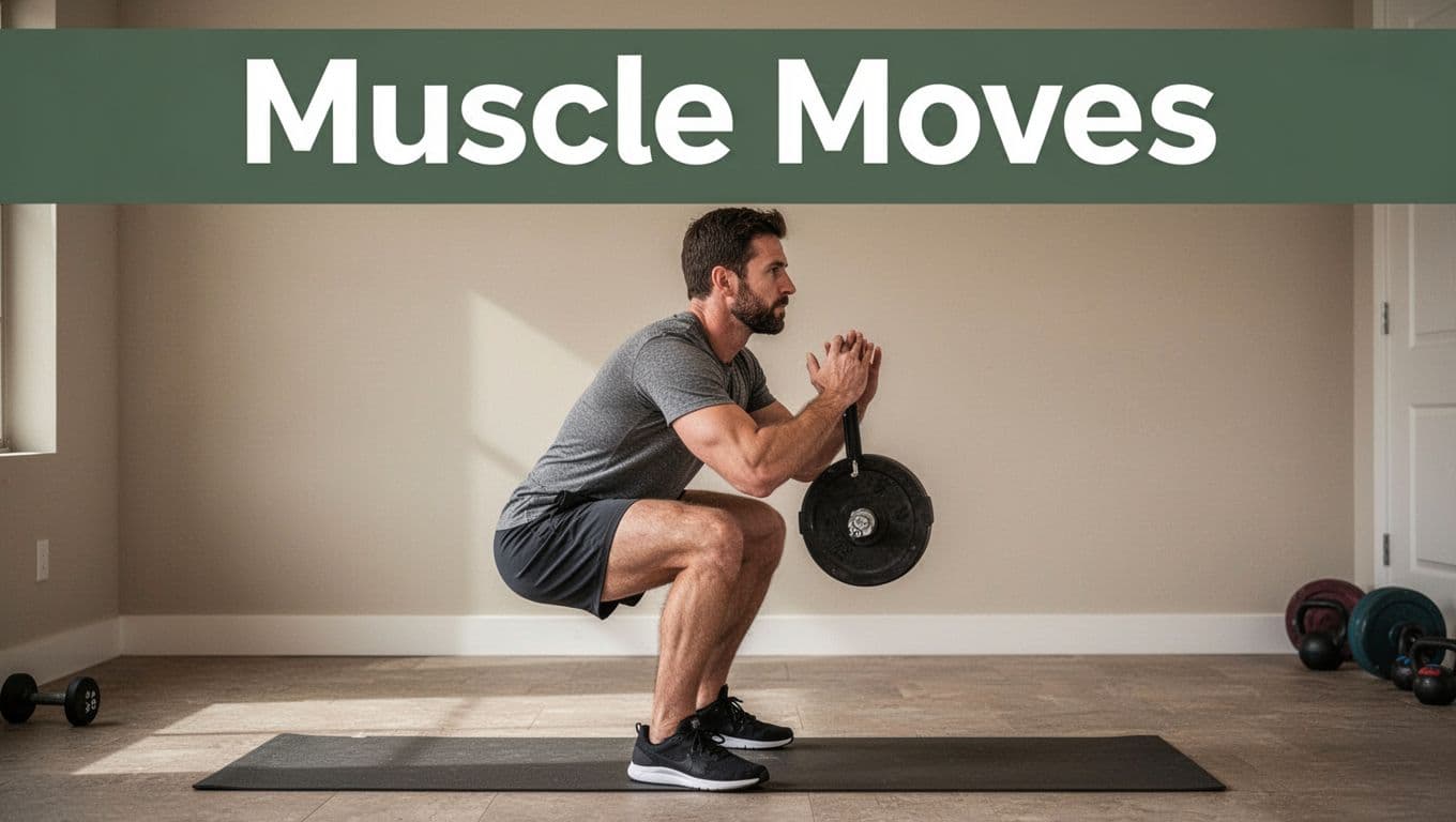 A fit adult male in casual workout clothes performing a perfect bodyweight squat in a simple home gym, full body from head to knees, realistic photo with muted earth tones and top dark-green band featuring 'Muscle Moves' headline.