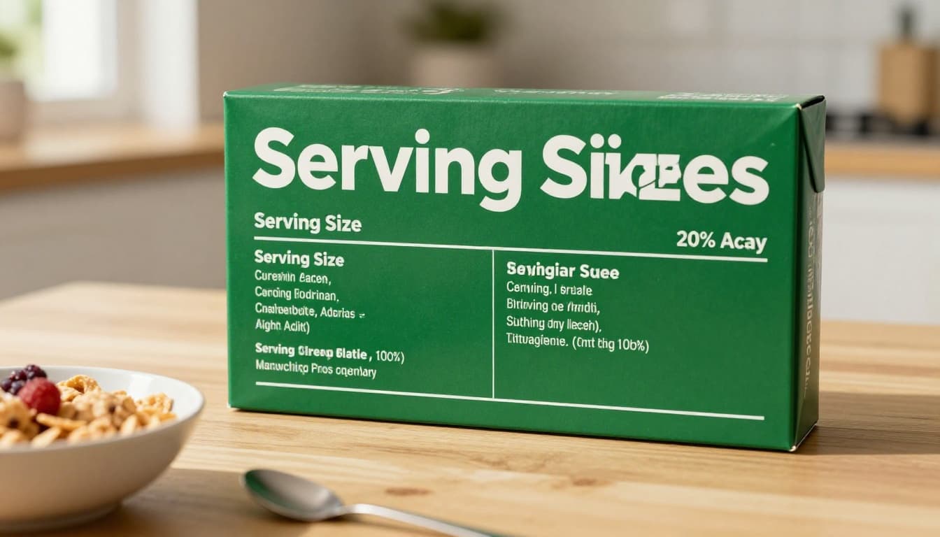 Close-up of a nutrition facts label on a cereal box side panel, focusing on serving size and servings per container sections with a bold 'Serving Sizes' headline across the top.