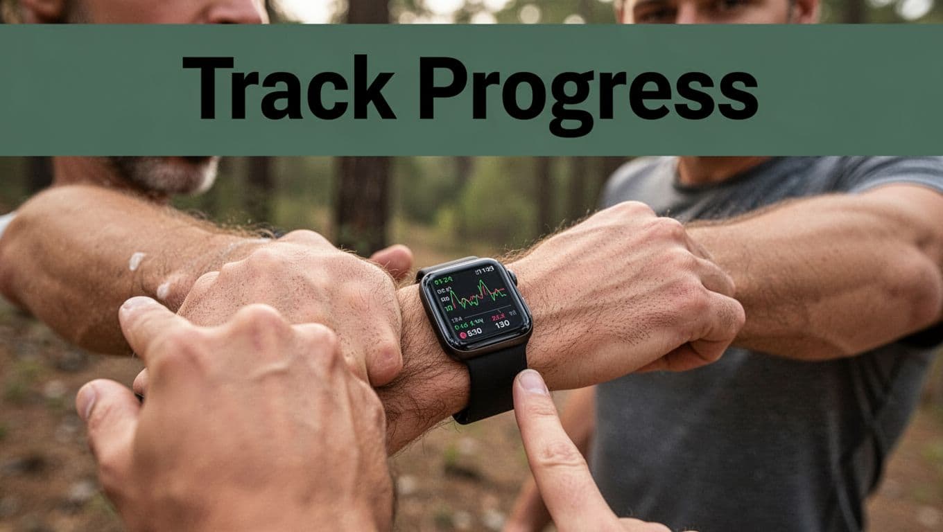 A relaxed person outdoors after a walk checks HRV metrics on their wrist wearable device, captured in a realistic daylight photo with close focus on wrist and face, featuring a bold 'Track Progress' headline on a muted dark-green band at the top.