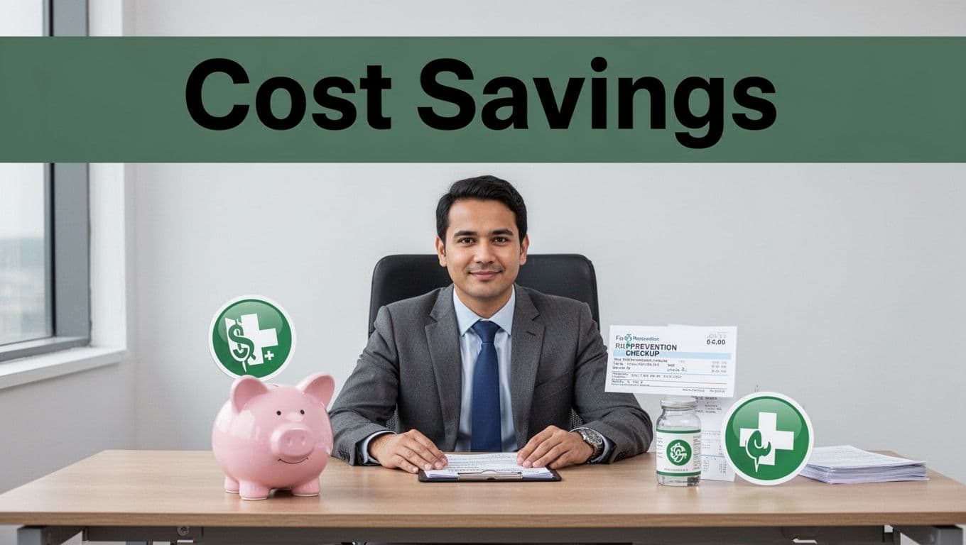 Office worker at desk with piggy bank and medical icons symbolizing cost savings from prevention checkup receipt in a simple clean landscape setting with bright even lighting and a bold 'Cost Savings' headline on a dark-green band.