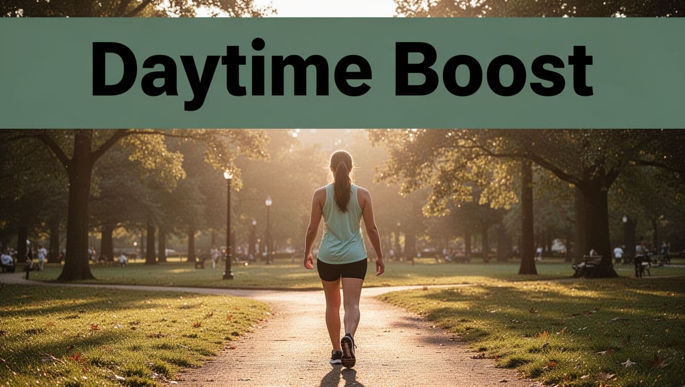 Bold 'Daytime Boost' headline on a muted dark-green band at the top, with a photorealistic image below of one person walking from the back in a natural park during golden hour morning sunlight.