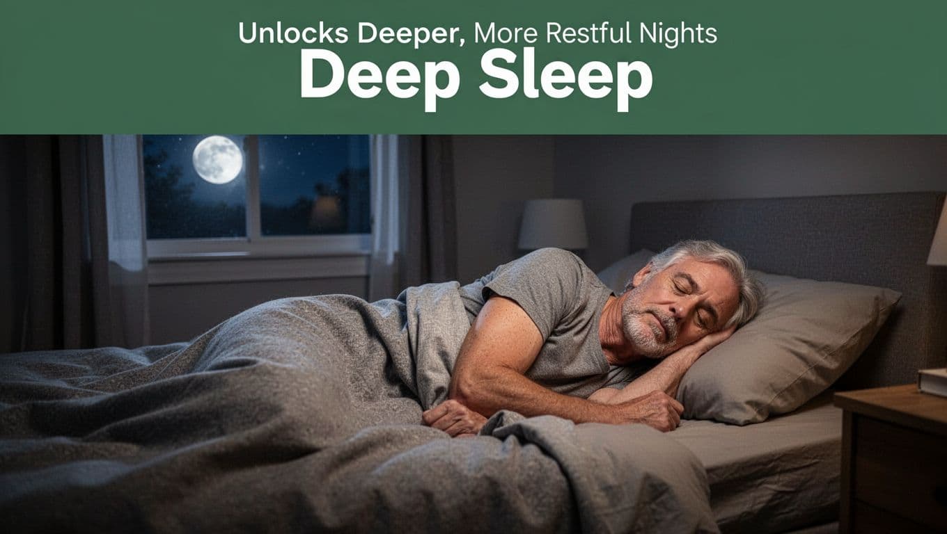 A middle-aged person lies relaxed asleep in a cozy bedroom at night with soft moonlight filtering through the window, creating a serene and peaceful atmosphere. The top features a muted dark-green band with 'Deep Sleep' centered in bold white text.