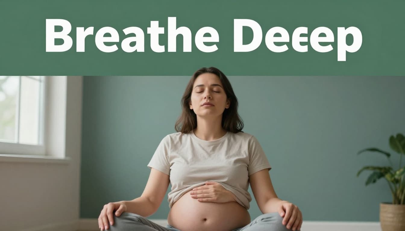A calm adult sits upright in a cozy room with soft light, hand on lower belly demonstrating diaphragmatic breathing, eyes closed in relaxed pose. Muted tones and a top headline 'Breathe Deep' enhance the calming photorealistic style.