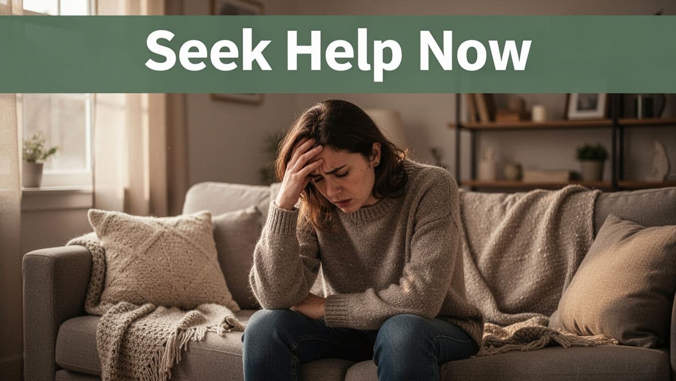 A person sits distressed on a cozy couch in a softly lit living room, hand on forehead, shoulders slumped, with a top dark-green band displaying 'Seek Help Now' in bold white letters.