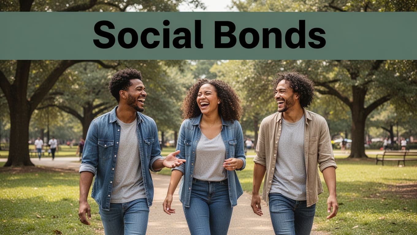 Three diverse friends walk together in a sunny park, laughing and talking to show natural social connections, captured in a wide side-view realistic photo with a bold 'Social Bonds' headline on a muted dark-green band at the top.