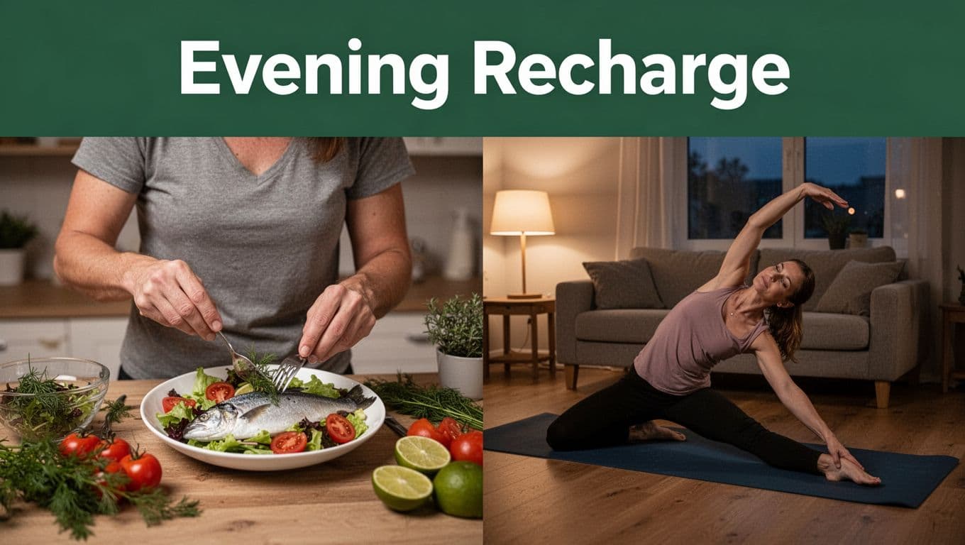 A single person in a cozy home setting prepares a light dinner salad with lean fish, veggies, and herbs, then transitions to gentle evening stretches on a yoga mat in the living room under soft lamp lighting with a warm indoor glow. Realistic photo style features a bold branded editorial top band in muted dark-green with 'Evening Recharge' title.