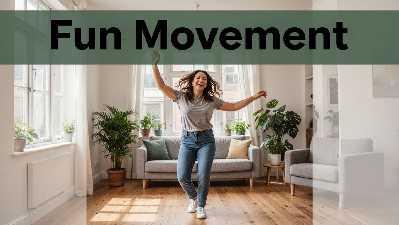 Bold editorial image with 'Fun Movement' headline on dark-green band, featuring a joyful adult dancing in a sunlit living room with arms raised, casual clothes, wooden floor, and plants.