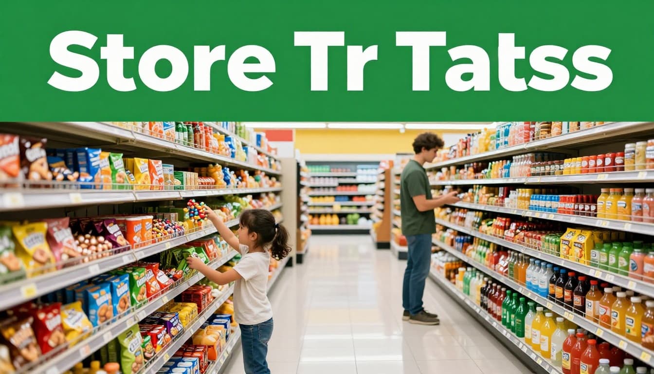 Grocery store aisle with colorful junk food snacks and sodas at children's eye level, fresh produce hidden in back; child reaching for candy, parent nearby under fluorescent lights.