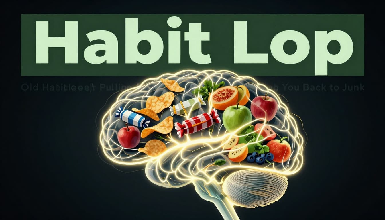 Abstract medical illustration of a brain with glowing neural pathways directing towards sugar candy and chips, while healthy fruits fade into the background on a dark setting. Bold 'Habit Loop' title in title case with geometric sans-serif typography on a muted dark-green band at the top.