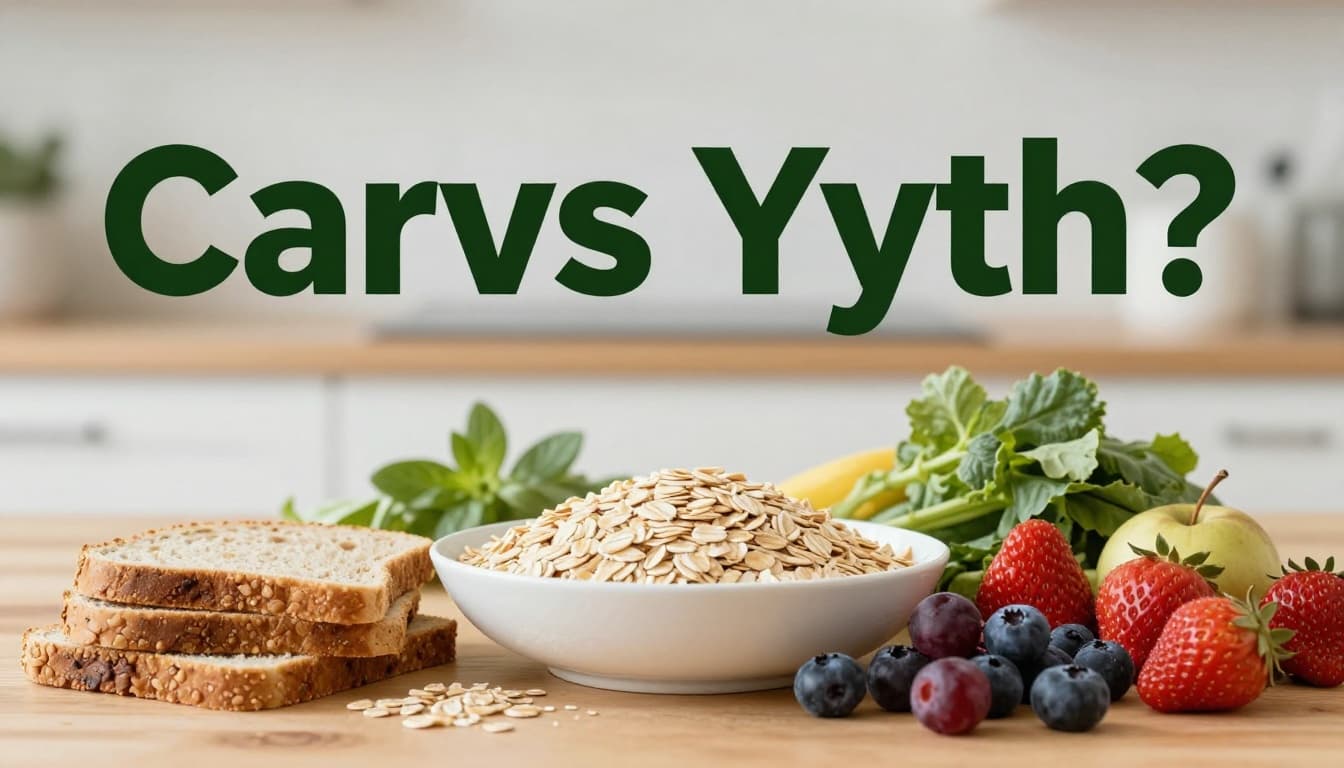 Vibrant close-up plate of high-fiber carbs like whole grain bread, oats, fruits, berries, and vegetables on a wooden table in a bright kitchen, with bold 'Carbs Myth?' headline.