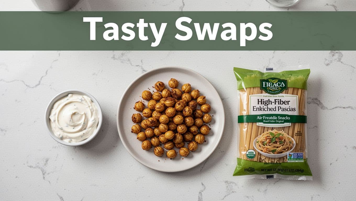 Photorealistic top-view of a clean kitchen counter with three healthy food swaps: Greek yogurt mayo substitute, plate of air-fried chickpeas snacks, and high-fiber enriched pasta, topped with a bold 'Tasty Swaps' headline on a dark-green band.