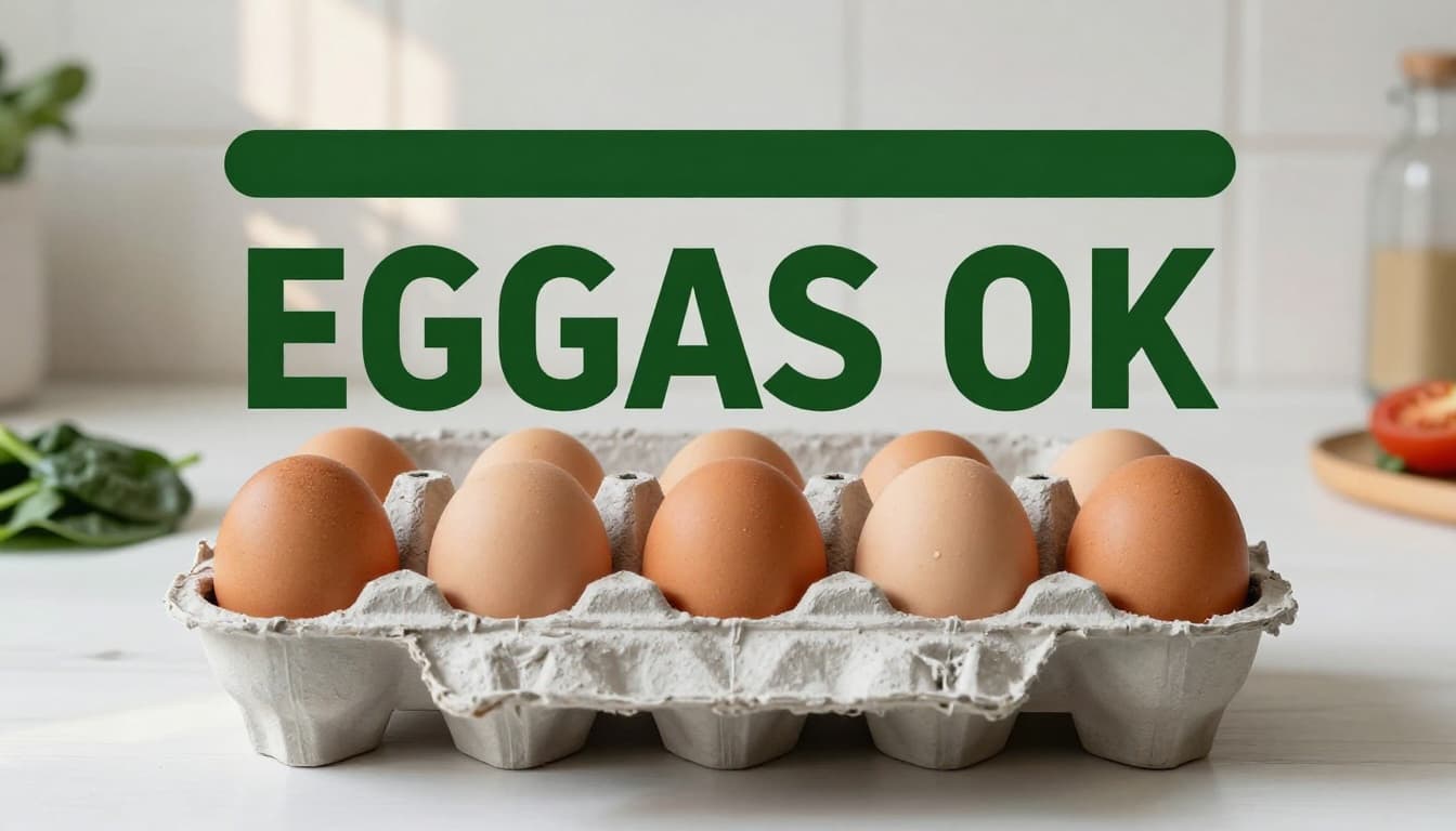Fresh eggs in a carton next to spinach and tomatoes on a kitchen counter, illuminated by morning light in a simple composition with eggs prominent and bold editorial style featuring a muted dark-green top band saying 'Eggs OK?'.