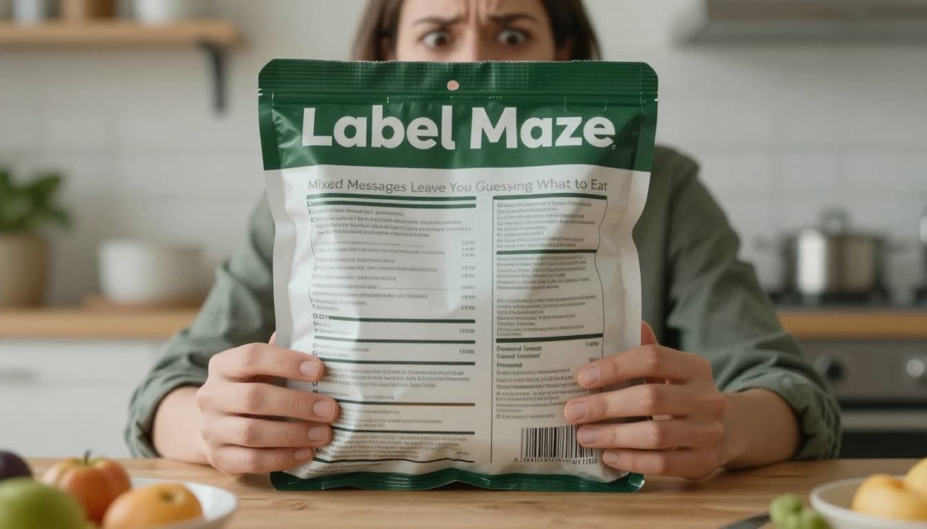 A person with a puzzled expression stares at a food package featuring a blurred ingredients list and nutrition label on a kitchen table in natural daylight, with bold 'Label Maze' branding across the top.