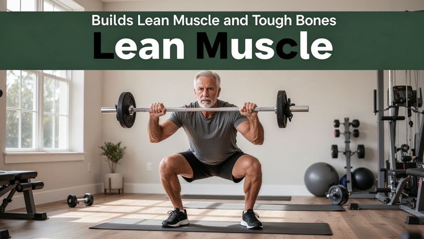 A middle-aged adult performs confident bodyweight squats in a bright home gym with natural light, beneath a branded dark-green header band featuring 'Lean Muscle' in bold white text.