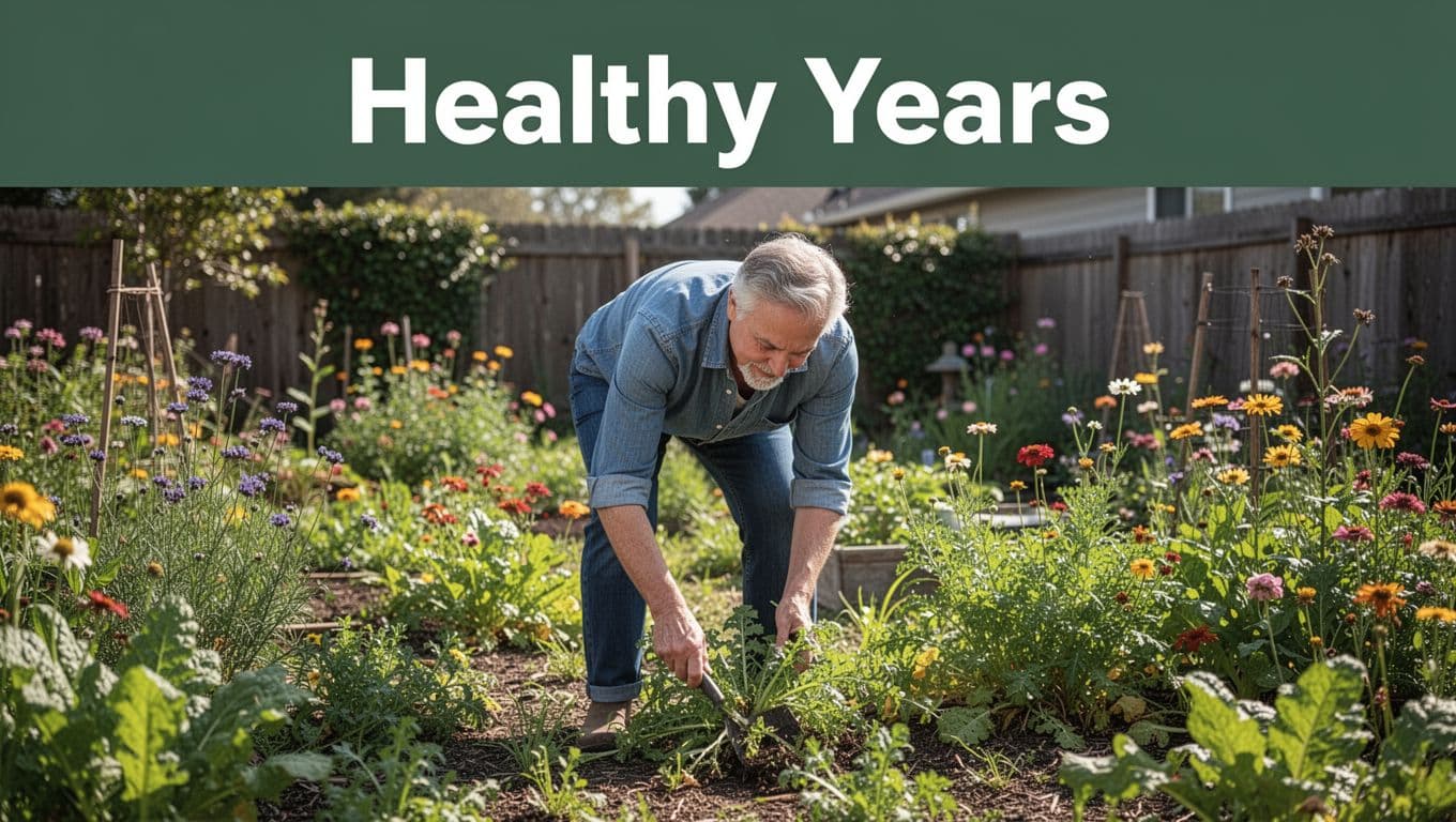 Middle-aged adult actively gardens in a sunny backyard, pulling weeds with relaxed posture; top band reads Healthy Years.