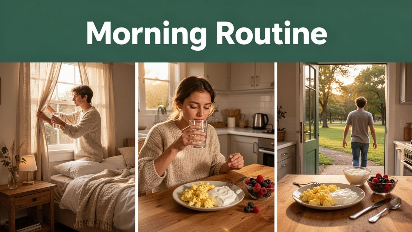 A young adult's cohesive morning routine sequence in a realistic sunlit photograph: gently opening curtains, drinking water bedside, eating scrambled eggs, Greek yogurt, and berries at kitchen table, then stepping out for a park walk; branded dark-green top band with bold 'Morning Routine' headline.