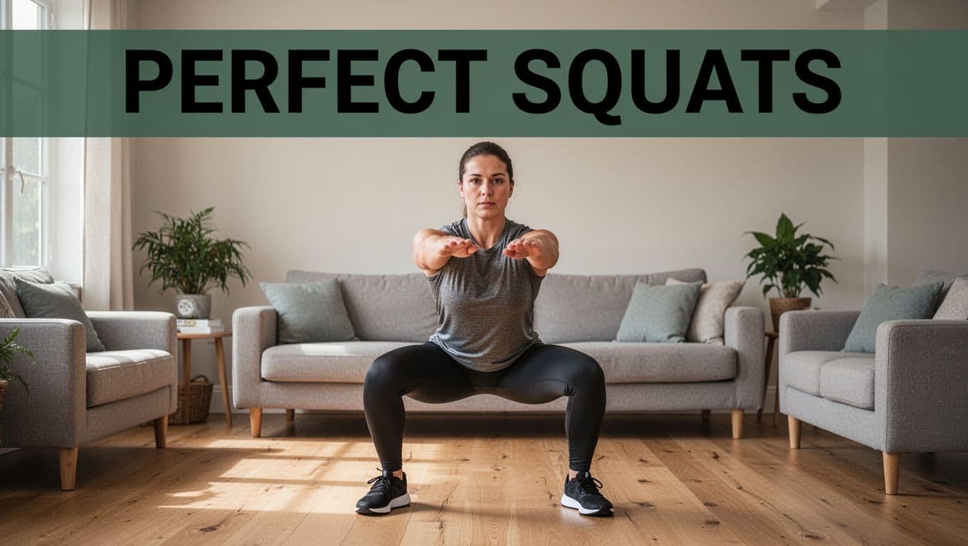 A single adult beginner in casual workout clothes performs a flawless bodyweight squat in a clutter-free home living room with natural light. Bold 'PERFECT SQUATS' headline in a muted dark-green band at the top, realistic photography with high detail on proper form.