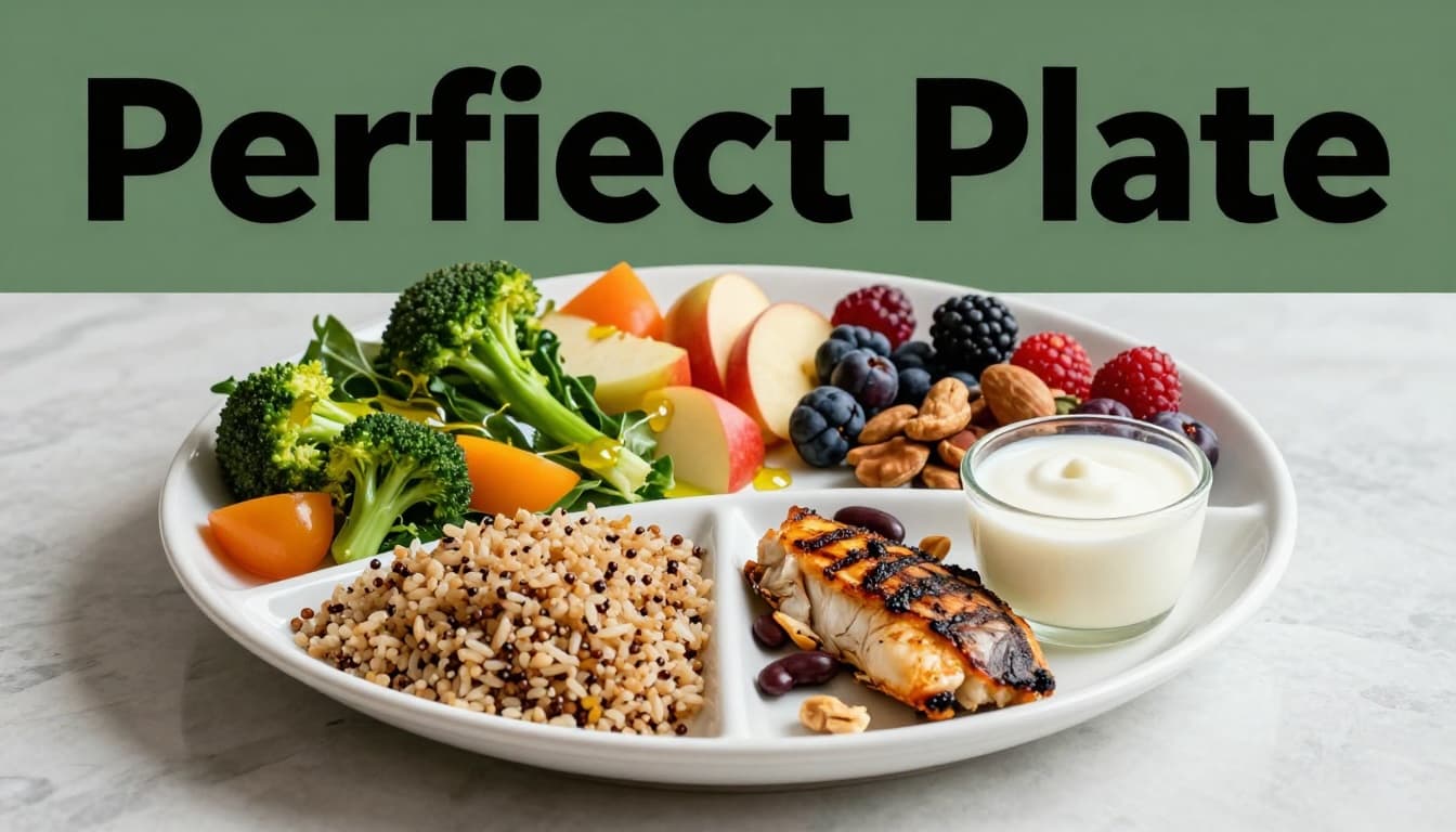 Top-down view of a divided plate showing fruits and vegetables, whole grains, healthy proteins, plus yogurt and a drizzle of olive oil.