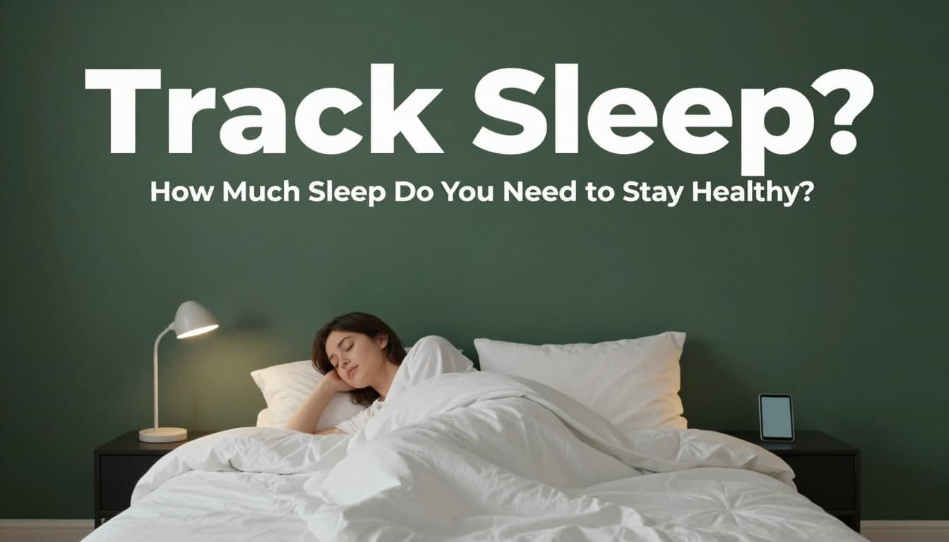 Person in relaxed pose by bed at night tracking sleep on simple app or journal under soft lamp light, focused yet calm. Bold 'Track Sleep' headline in title case geometric sans-serif on muted dark-green top band.