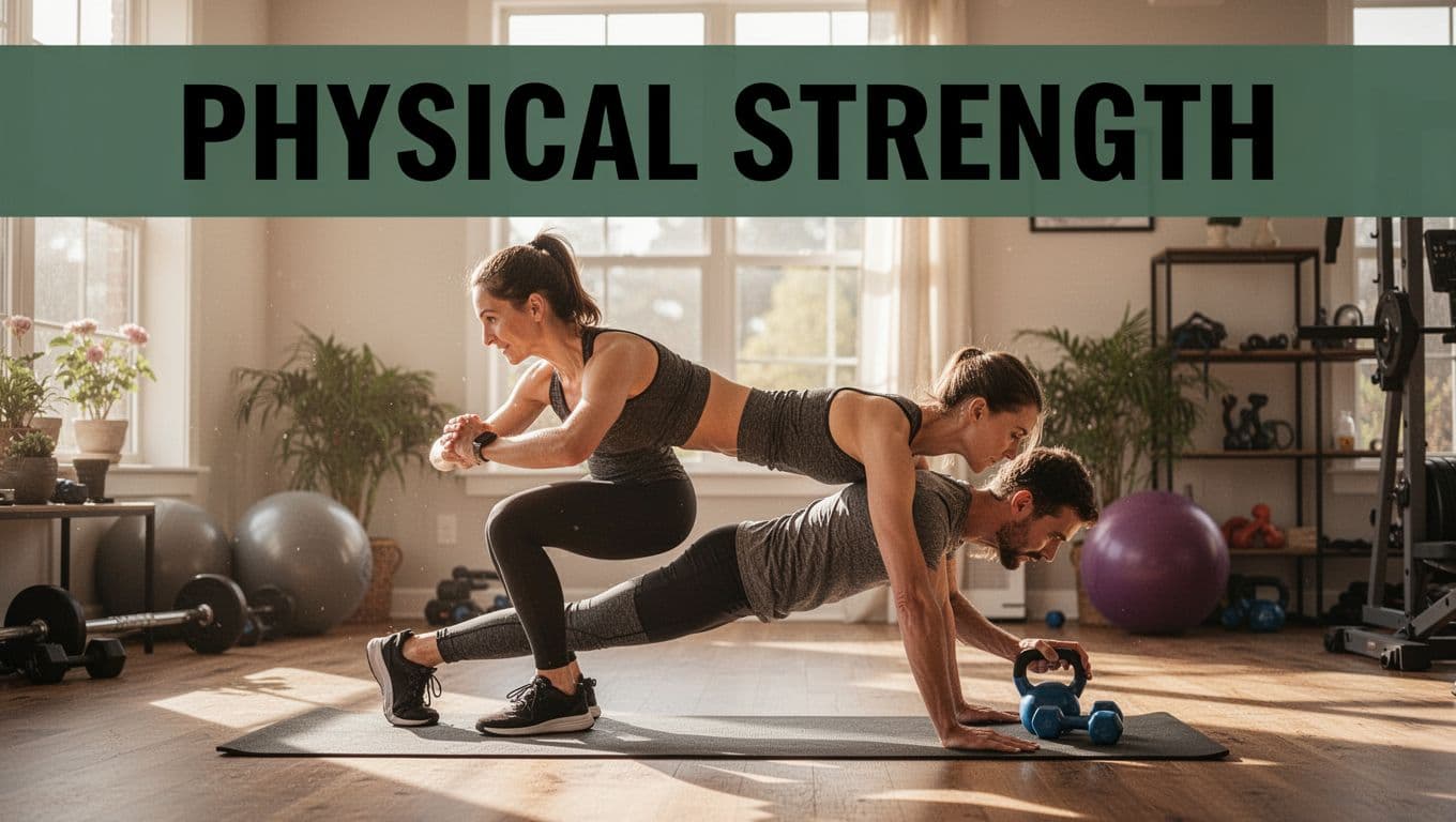 A fit adult performs micro-workouts like squats and planks in a sunny home gym with natural light and warm lighting, shown in a side view to highlight movement and energy in a realistic photo style. Bold 'Physical Strength' headline in Montserrat Black font on a muted dark-green band at the top.