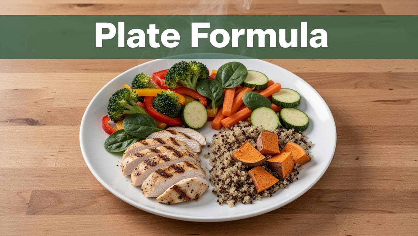 Photorealistic top-view of a white dinner plate divided into half non-starchy vegetables, quarter grilled chicken, and quarter quinoa with sweet potatoes on a wooden table.