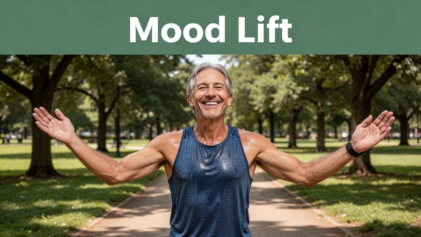 A middle-aged adult with a joyful relaxed smile stands in a sunny park after a workout, arms loosely raised, in casual athletic clothes with sweat-glistened skin, under natural daylight, featuring a top muted dark-green band with 'Mood Lift' text.