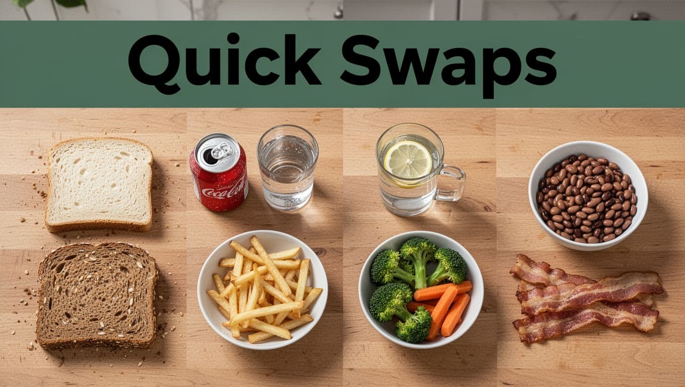 Top-down photorealistic view in a clean kitchen showing four pairs of quick food swaps: white bread with whole grain loaf, soda can with lemon water, french fries with broccoli and carrots, bacon strips with bowl of beans.