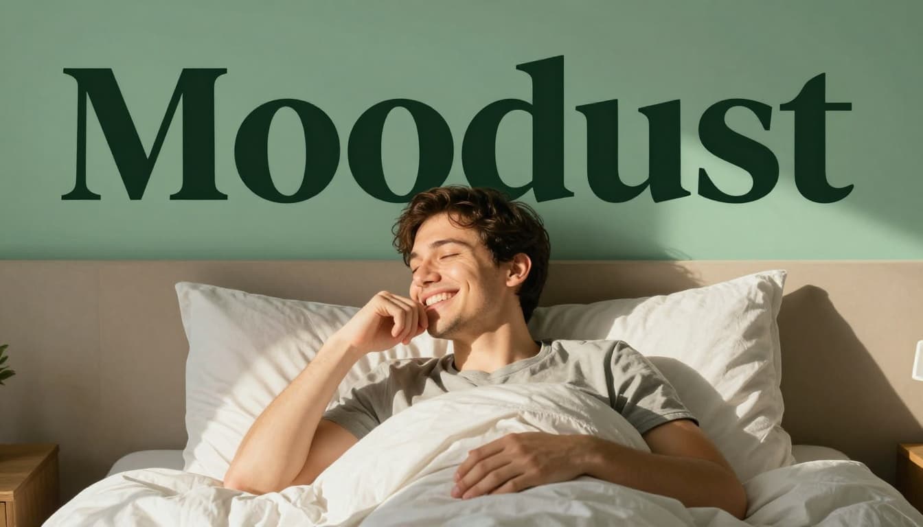 Happy person waking up refreshed in morning light, smiling with clear focus in a simple bedroom with warm sunlight streaming in, realistic joyful expression. Bold branded editorial style headline 'Mood Boost' on muted dark-green band top.
