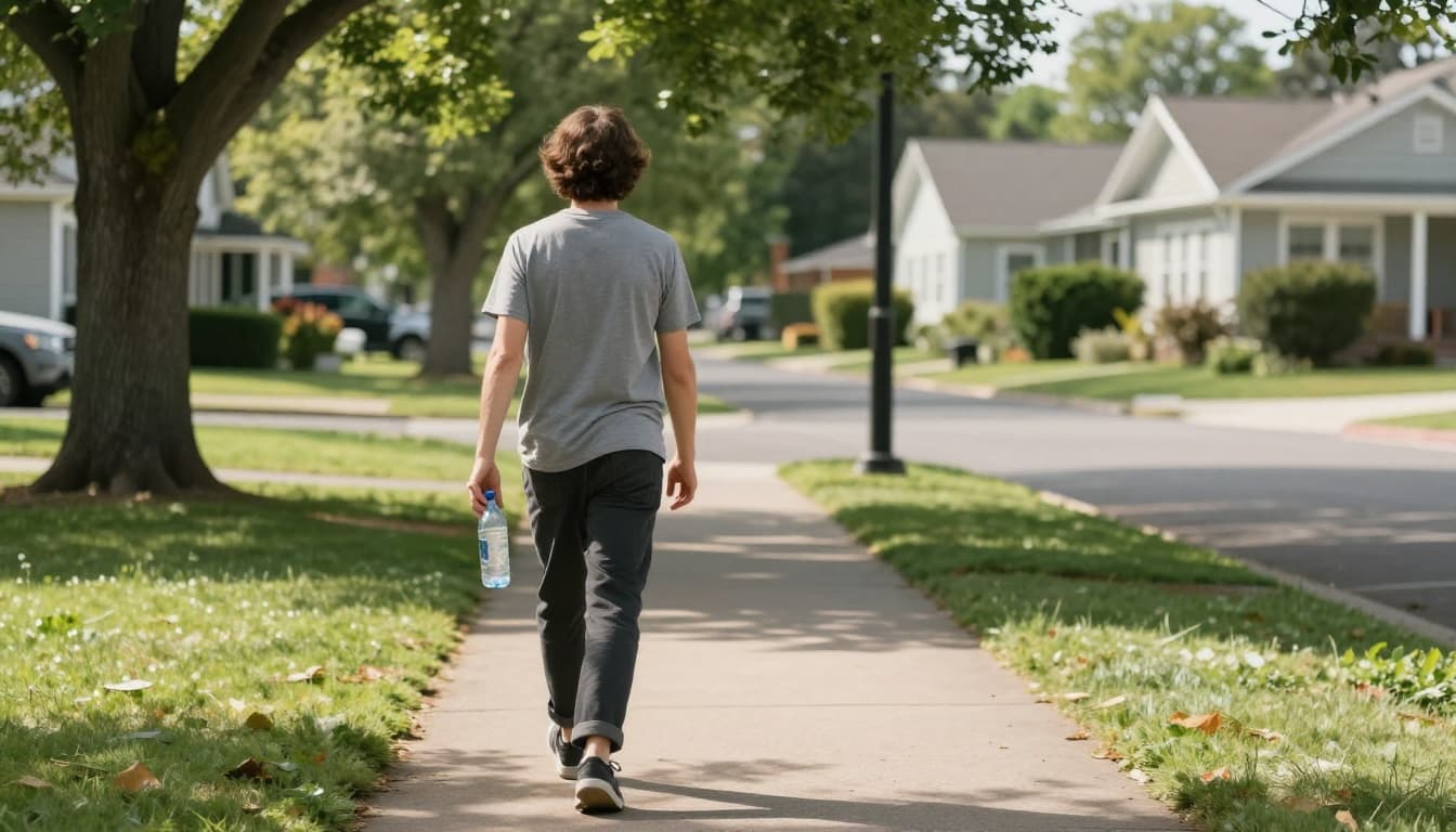 A relaxed adult in casual clothes walks on a sunny neighborhood path after lunch, loosely holding a water bottle, with trees and houses in the background under natural daylight.