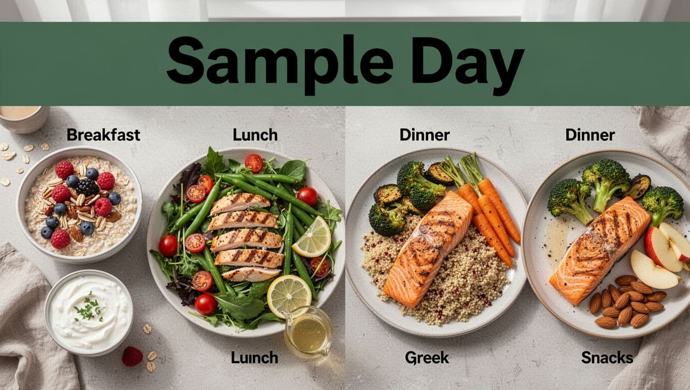 Overhead composition of four distinct balanced meals for a full day: breakfast oatmeal with berries, nuts, and yogurt; lunch salad with grilled chicken; dinner grilled salmon with quinoa and vegetables; and snacks, presented appetizingly with soft natural light.