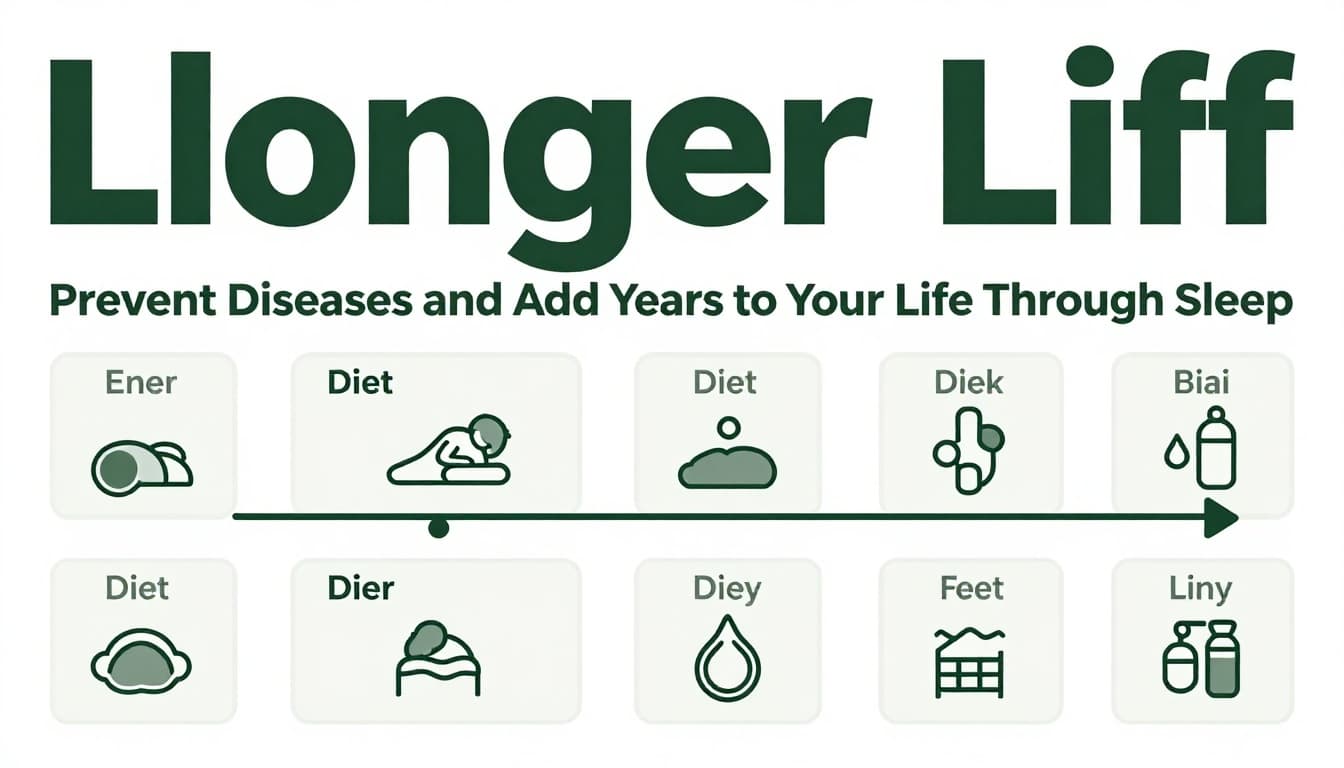 Infographic calendar showing sleep icons extending further for a long healthy lifespan compared to diet and exercise icons, with bold 'Longer Life' headline on neutral background.