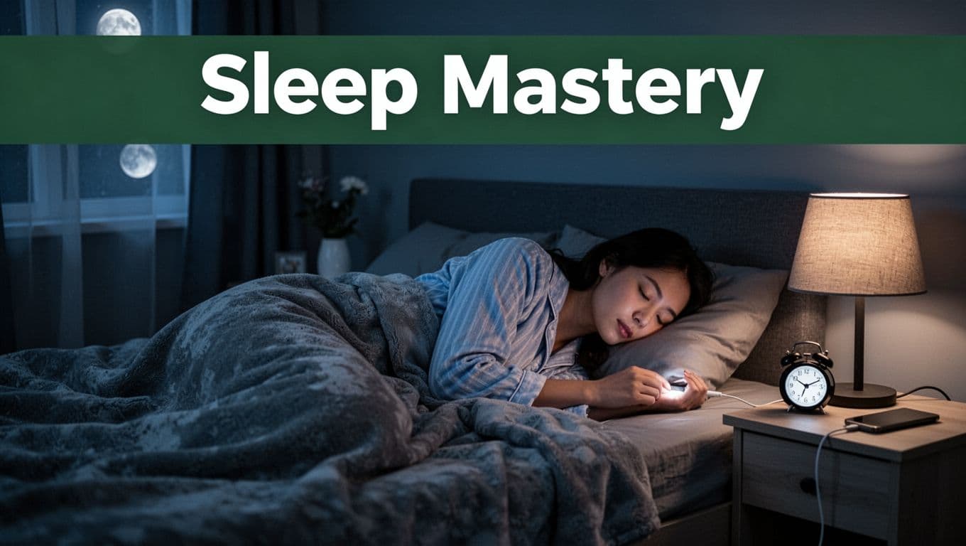 Serene cozy bedroom at night with person in pajamas turning off lamp, setting alarm, phone charging across room for screen-free sleep, peaceful pose under covers in cool blue tones.