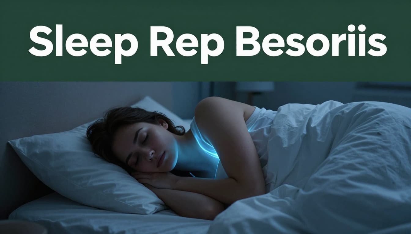 A person sleeping peacefully in a cozy bedroom at night, body glowing softly to show repair processes, calm lighting with blue tones, simple composition centered on the bed, realistic style with soft shadows and a bold headline 'Sleep Repairs' on a dark-green band.