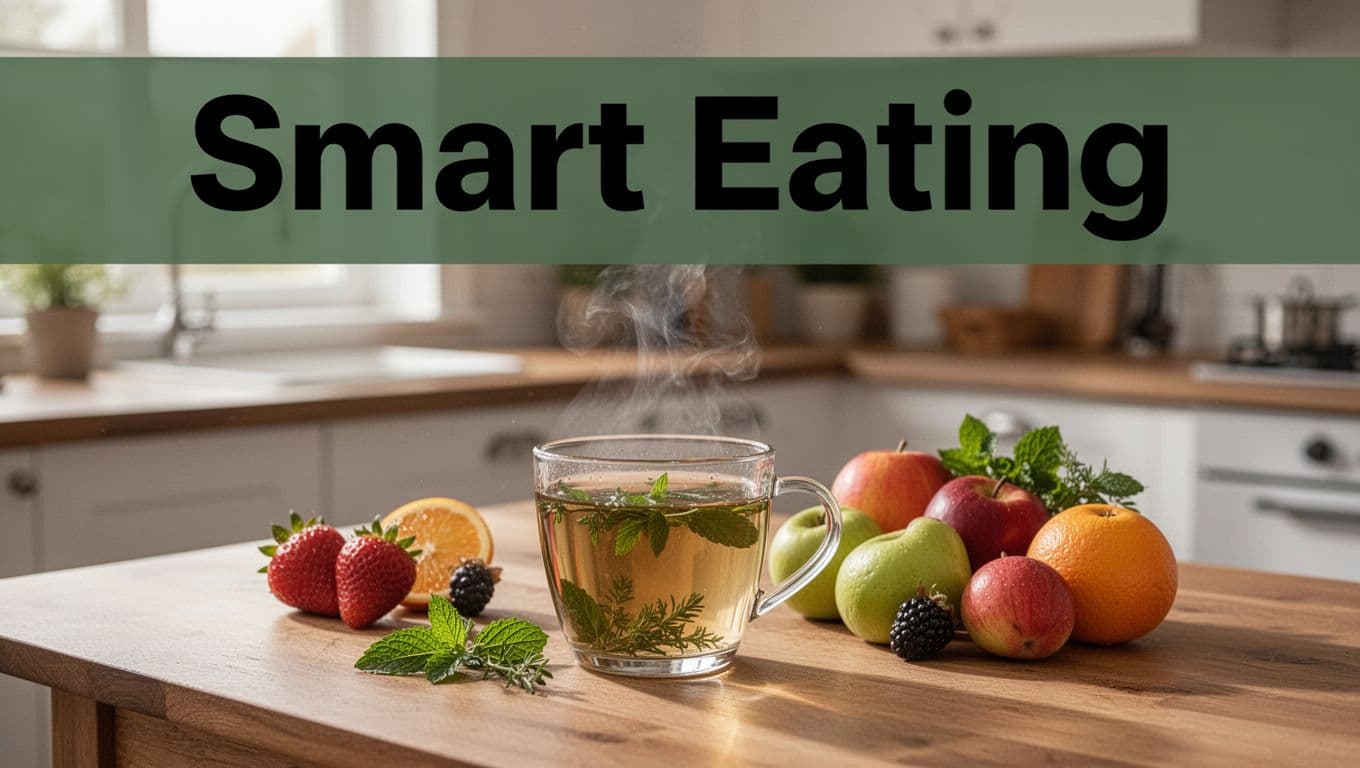 Photorealistic kitchen table with herbal tea and fresh fruits in morning light, featuring a bold 'Smart Eating' headline on a muted dark-green band, illustrating sleep-friendly food and drink choices.