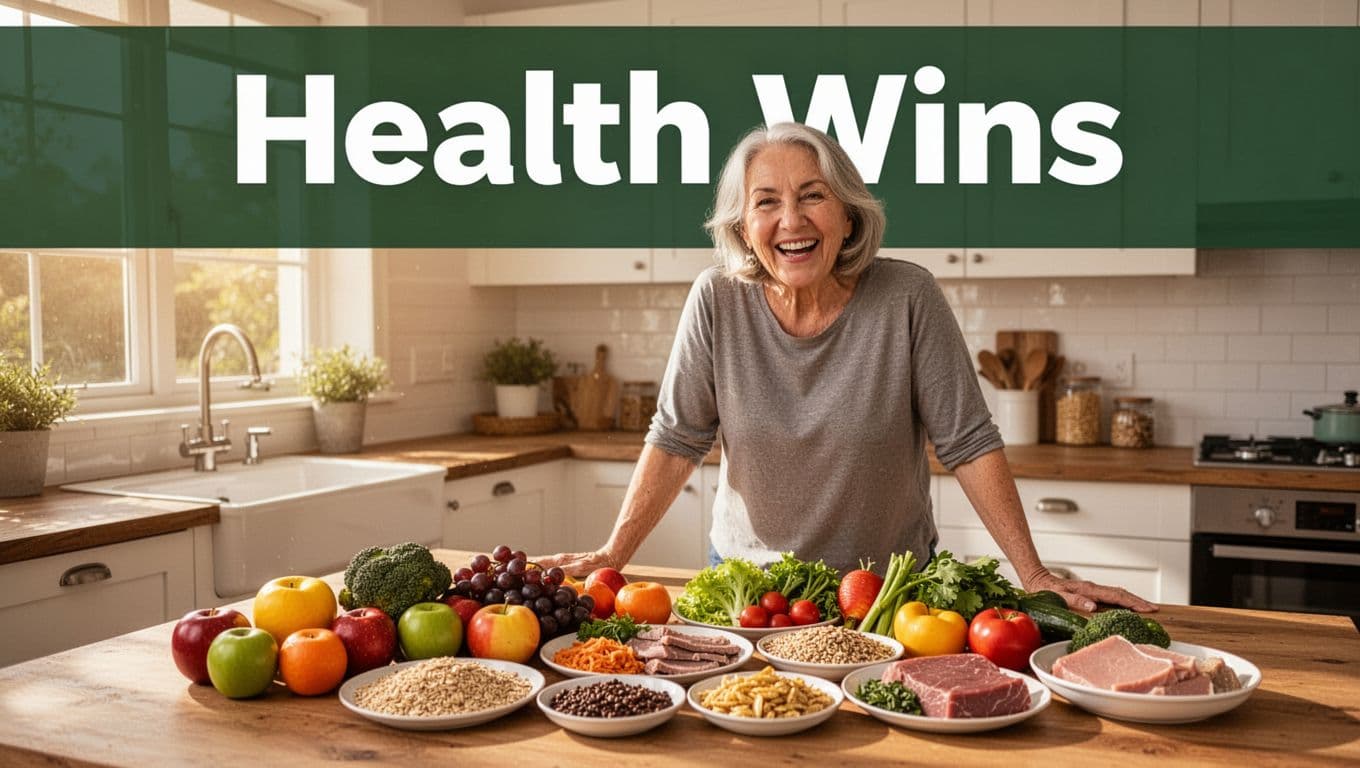 Smiling person in a bright kitchen with balanced portions of fruits, vegetables, whole grains, and lean proteins.