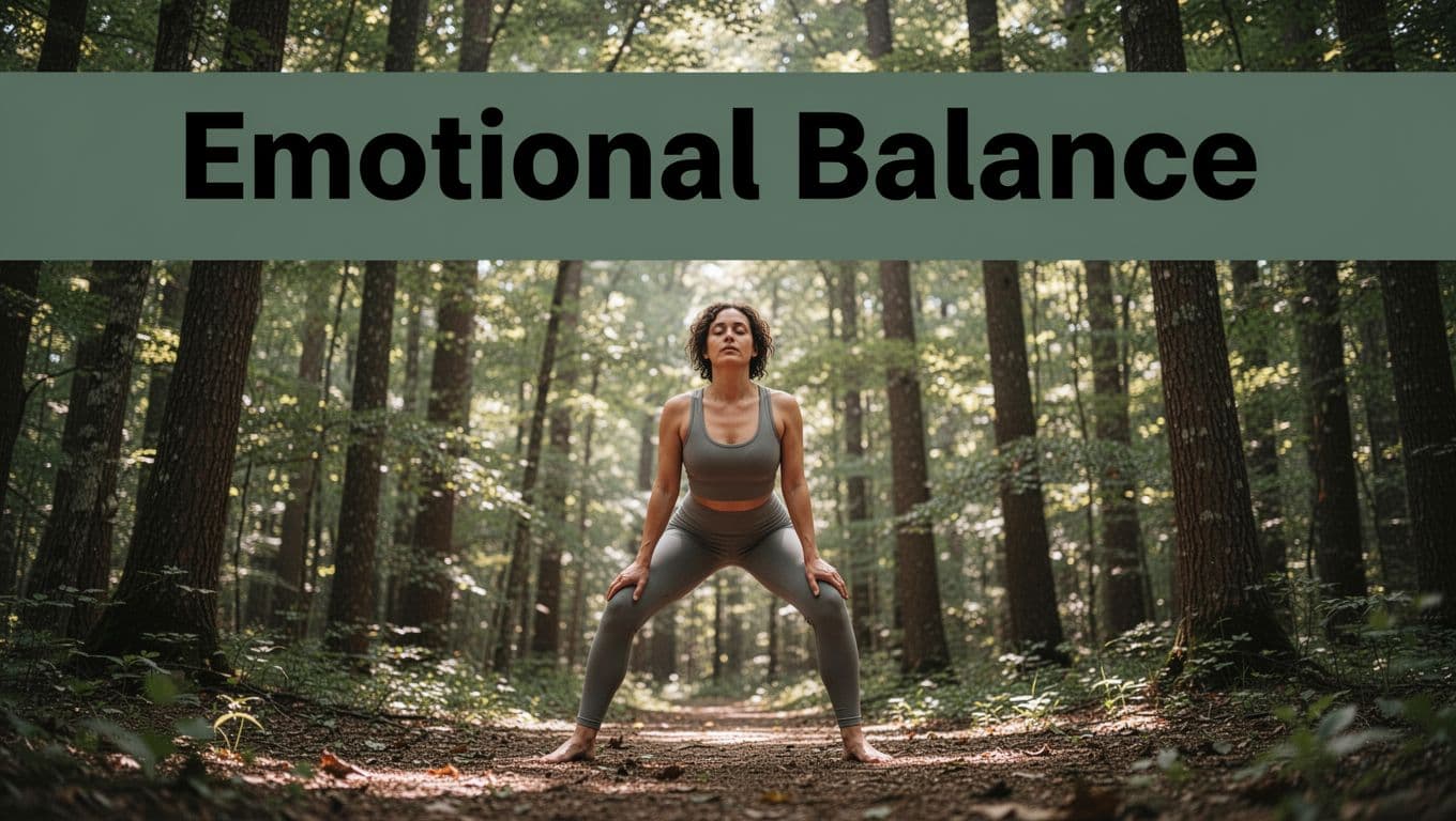 A person in a gentle somatic yoga pose in a dappled forest setting promotes emotional regulation and calm, captured from a low angle in realistic style with soft lighting. Bold 'Emotional Balance' headline on a muted dark-green band at the top.