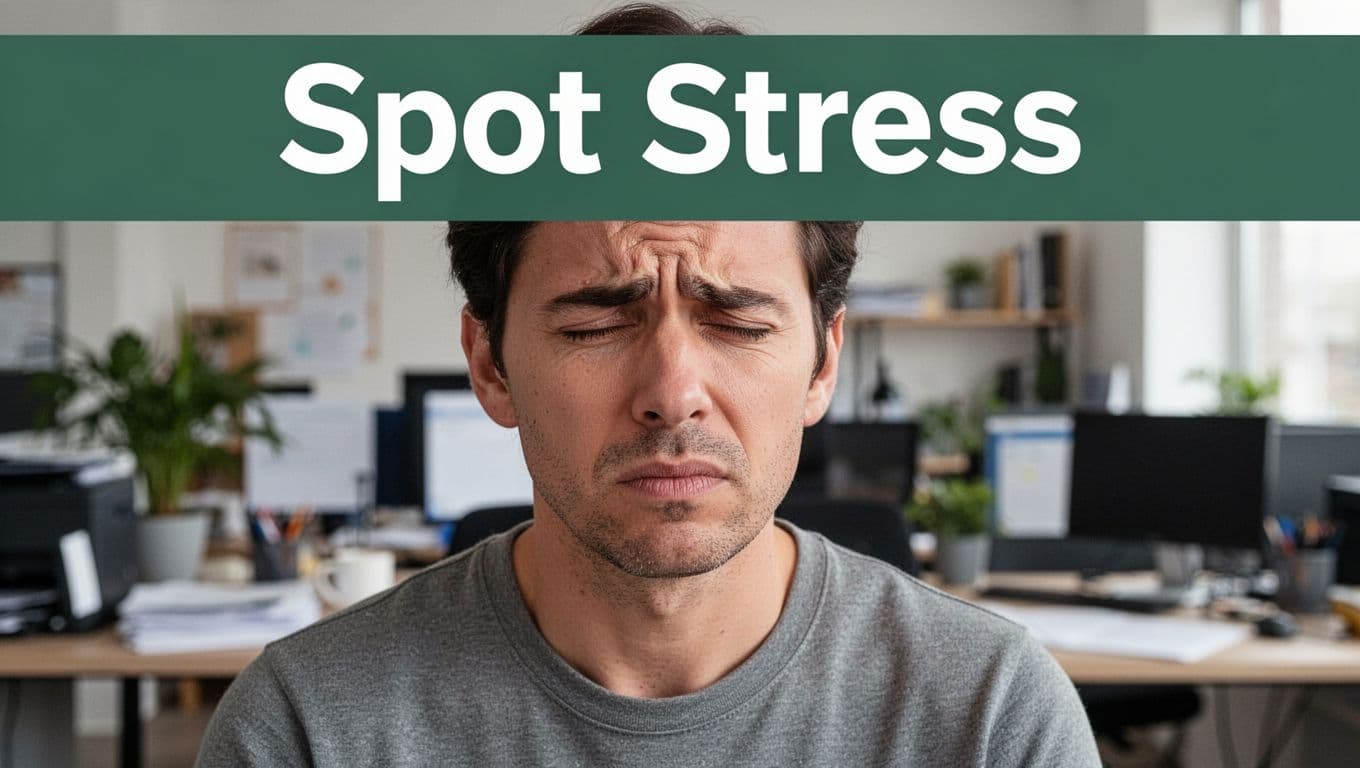 Close-up of one calm adult in a busy home office showing subtle early stress signals like tense shoulders, clenched jaw, and furrowed brow, with a bold 'Spot Stress' headline on a dark-green band at the top.