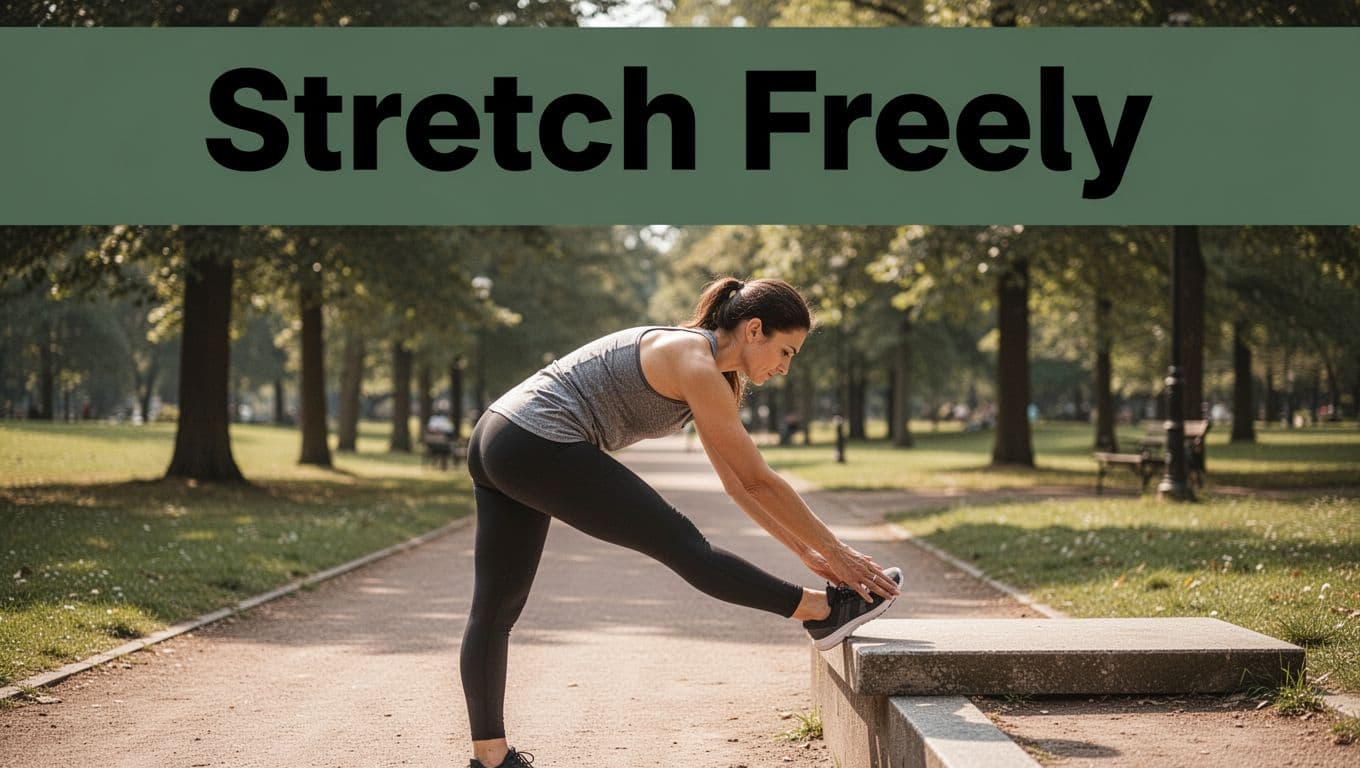 Full-body side profile of a fit adult in casual athletic wear performing a gentle standing hamstring stretch on a sunny park path, with bold 'Stretch Freely' headline in geometric sans-serif on a muted dark-green top band.