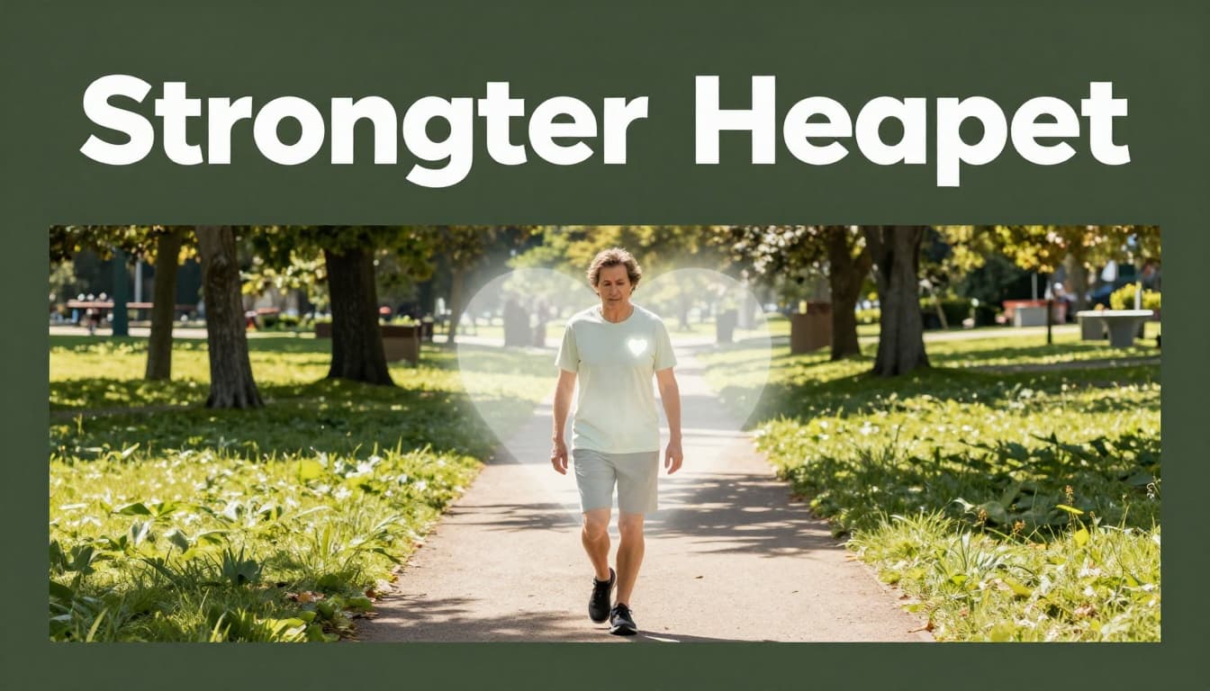 A middle-aged person with strong posture and focused expression briskly walks outdoors on a sunny park path, featuring a subtle glowing heart icon overlay on the chest; topped with a muted dark-green band displaying 'Stronger Heart' in bold white text.