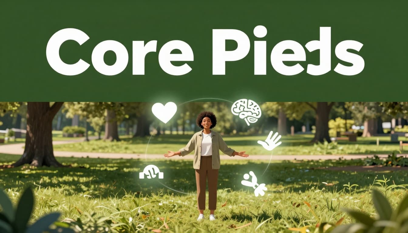 Bold editorial landscape illustration with a muted dark-green header band displaying 'Core Pieces' in bold white text, featuring a diverse young adult standing confidently in a sunny park with subtle orbiting icons of a heart, brain, and linked hands symbolizing emotional, psychological, and social components of mental health in an earth-tone palette.