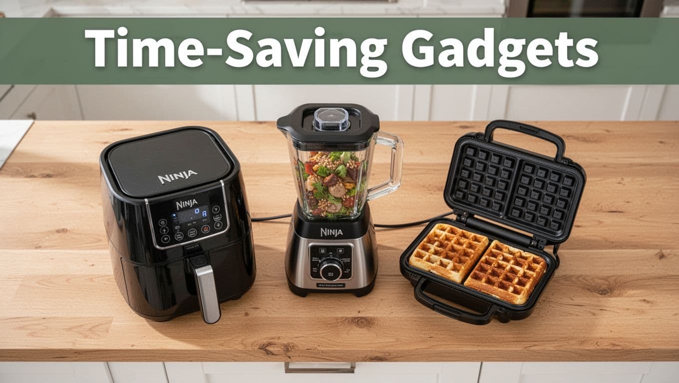 Photorealistic top-view of a clean modern wooden kitchen counter featuring compact Ninja air fryer, Ninja blender, and waffle maker arranged in a triangle, with bold 'Time-Saving Gadgets' headline on a dark-green band.