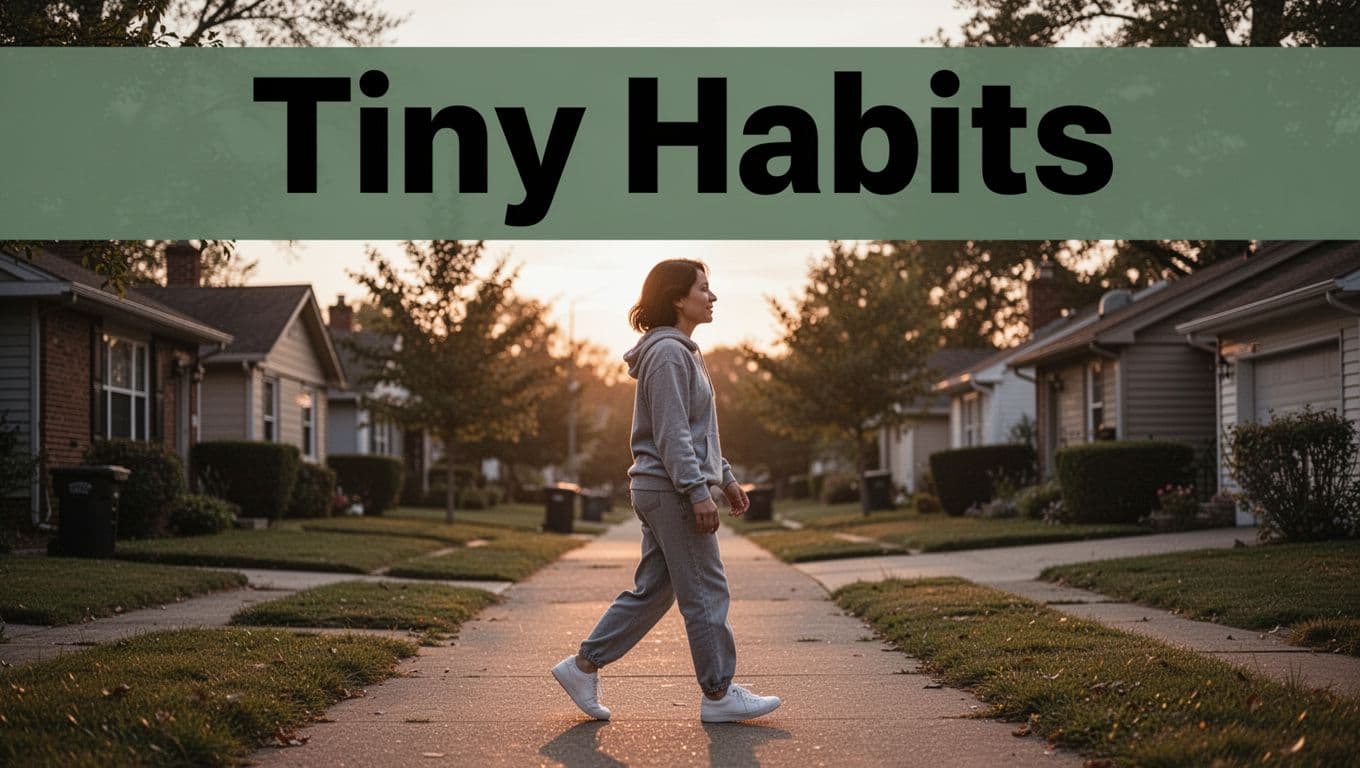 Editorial image featuring bold 'Tiny Habits' headline on a muted dark-green band at the top, below which a person in comfortable clothes takes a relaxed short walk on a neighborhood path at dawn in realistic photo style with soft warm tones.