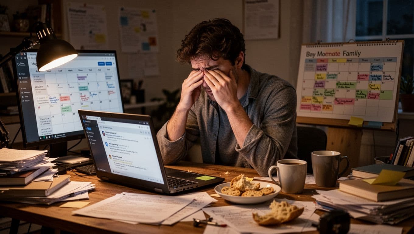 A tired young adult sits exhausted at a cluttered home office desk late in the evening, with an open laptop showing work emails, a full family calendar, half-eaten snack, coffee mug, rubbing eyes under warm dim lighting.