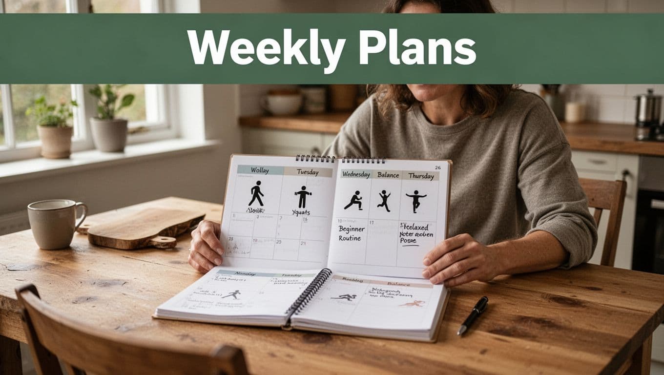 A relaxed adult in casual clothes sits at a wooden kitchen table reviewing an open weekly planner with icons for Monday walk, Tuesday squats, Wednesday yoga, Thursday balance, and beginner routine notes, in a home setting with natural light and realistic muted earth tones.